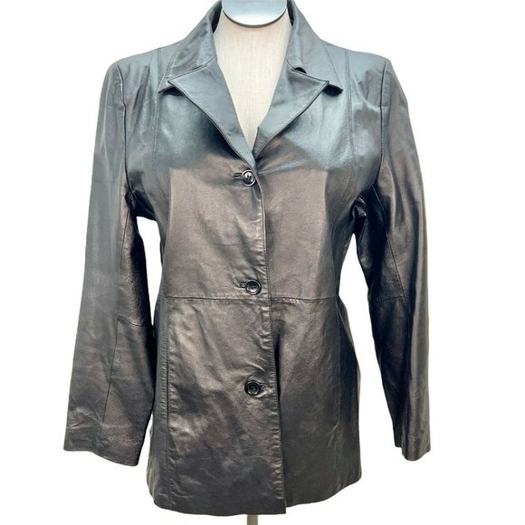 Dialogue Women's Large Black Leather Coat Polyester Lining Machine Wash - Picture 1 of 8